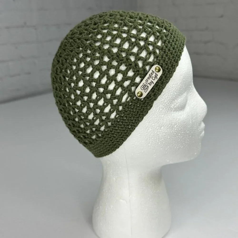 Created by Cyd Juliet Olive Green Crochet Cap Beanie Open Weave Handmade‎ NEW